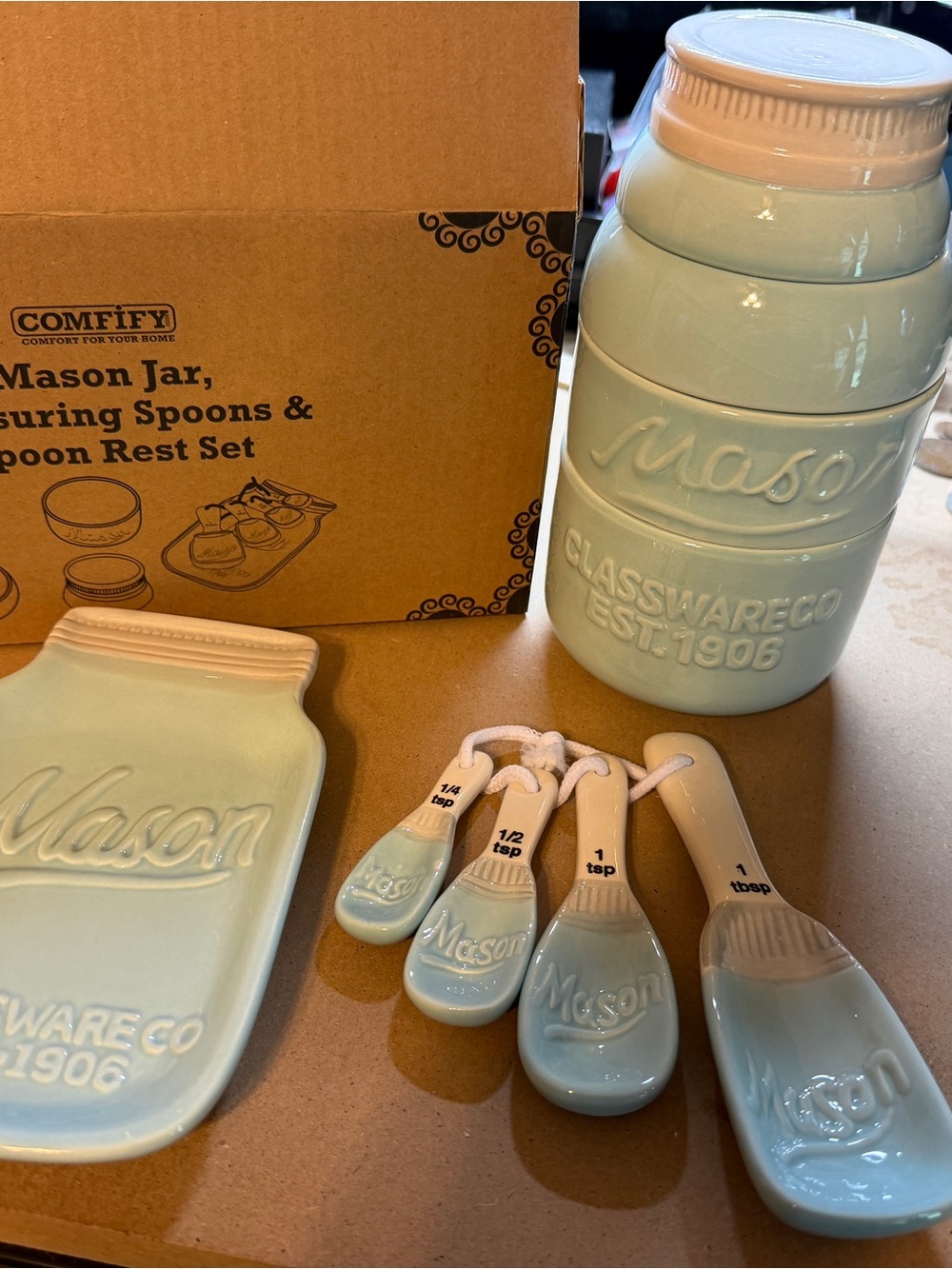 Mason Ceramic Mason Jar Measuring Spoon & Rest Set - Pale Blue with Pink Lid